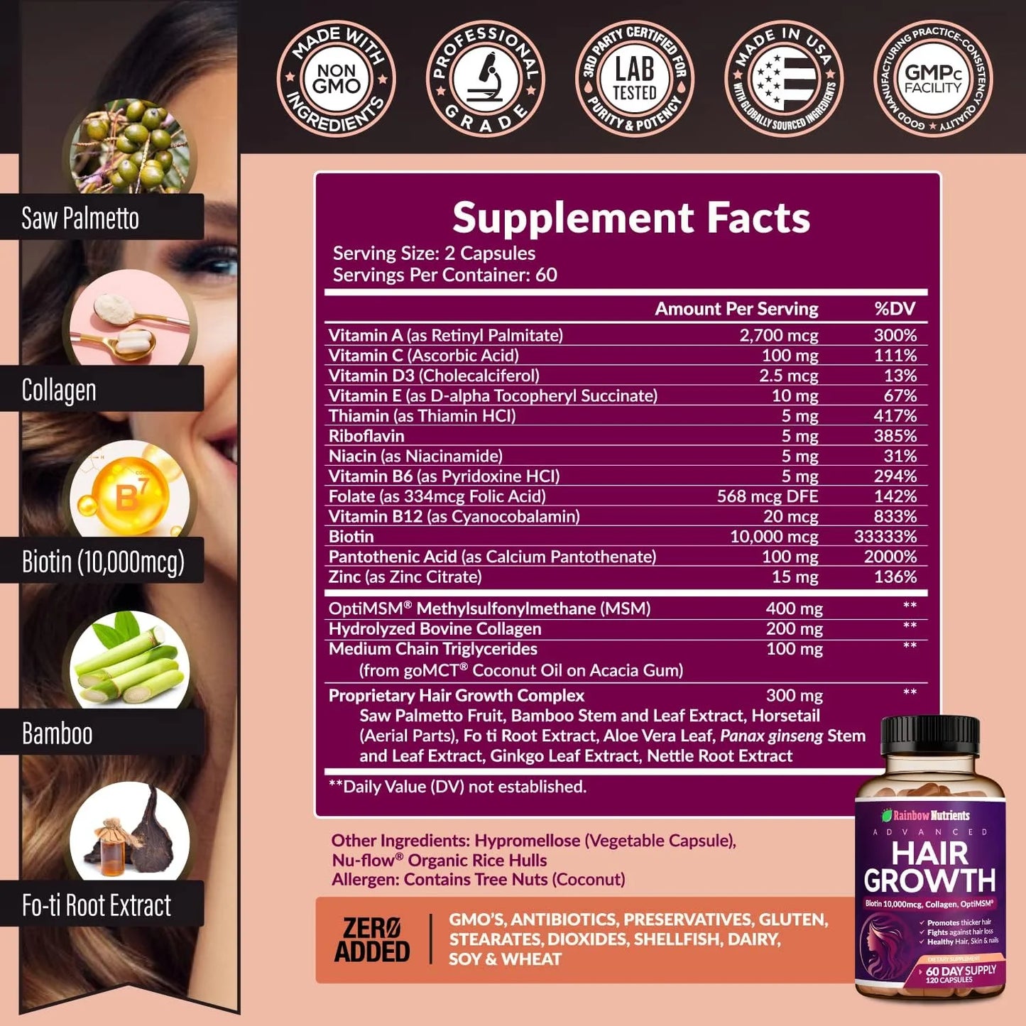 Vitaminas Uro para Mujeres con Biotina 10000 mcg y Colágeno (120 Cápsulas) – Cuidado para Cabello, Piel y Uñas