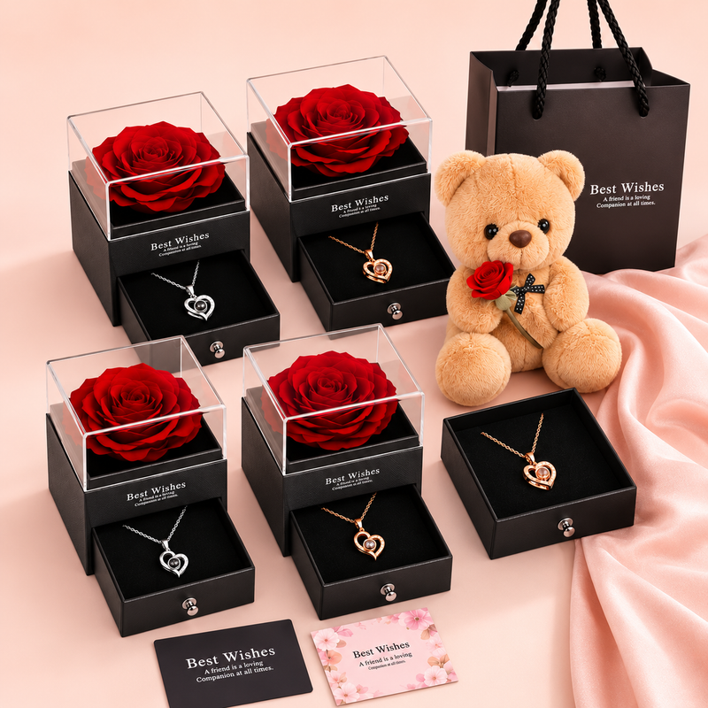 Collar de Corazón Te Amo en 100 Idiomas con Rosa Roja y Caja de Regalo para Mujer