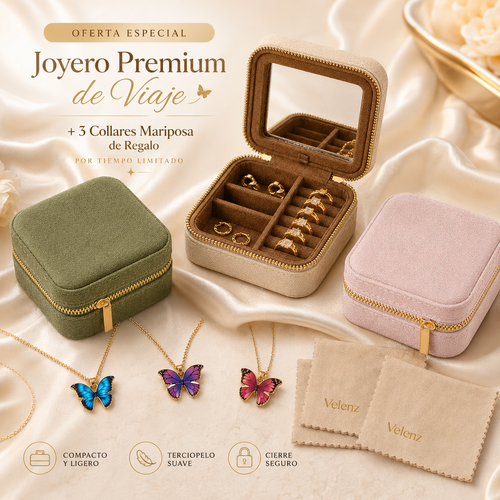 Joyero Premium de Viaje para Mujer con Espejo + 3 Collares con Baño de Oro de Regalo