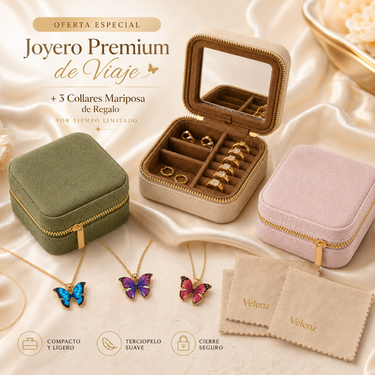 Joyero Premium de Viaje para Mujer con Espejo + 3 Collares con Baño de Oro de Regalo