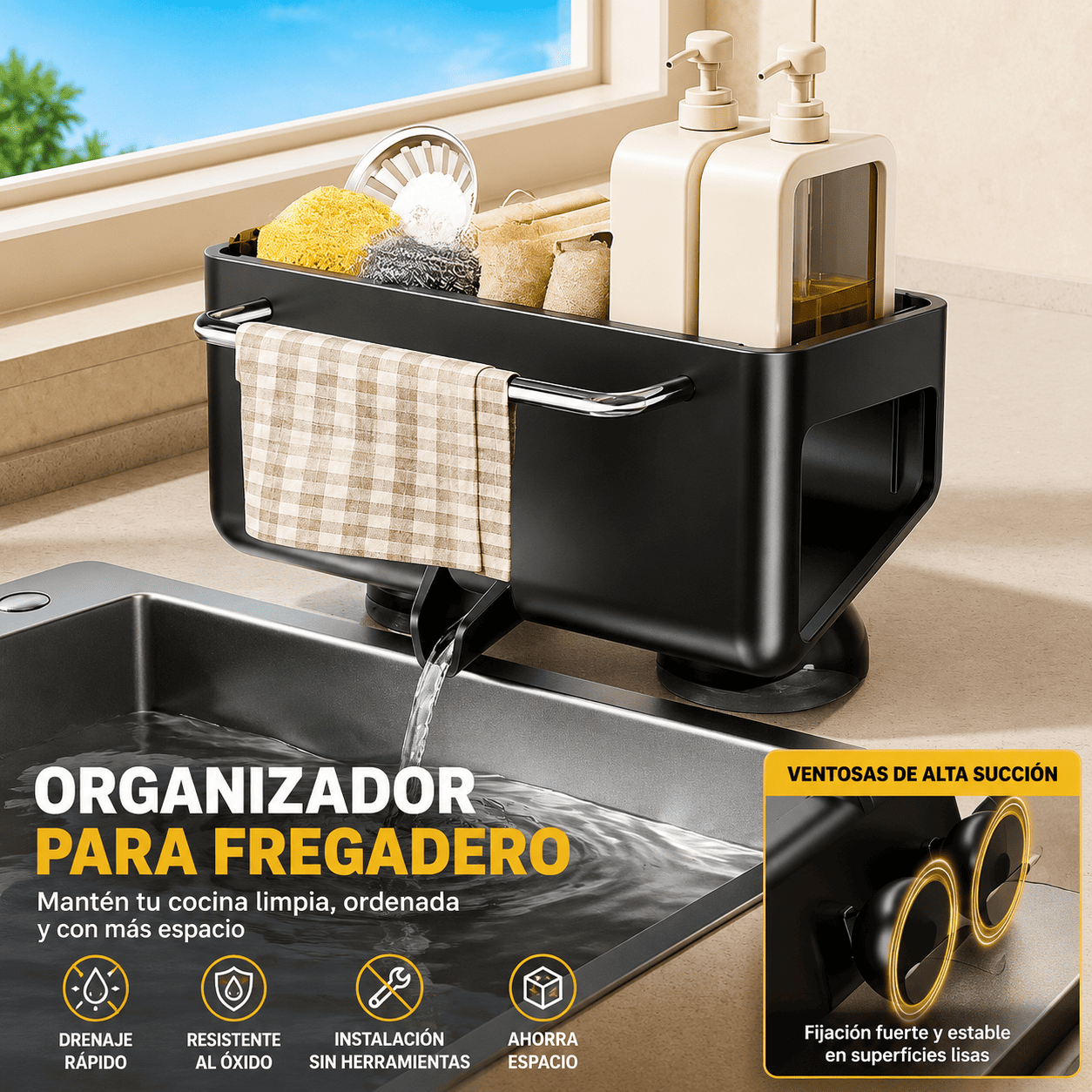 Organizador de Cocina Antióxido para Esponjas y Cepillos | Instalación sin Herramientas