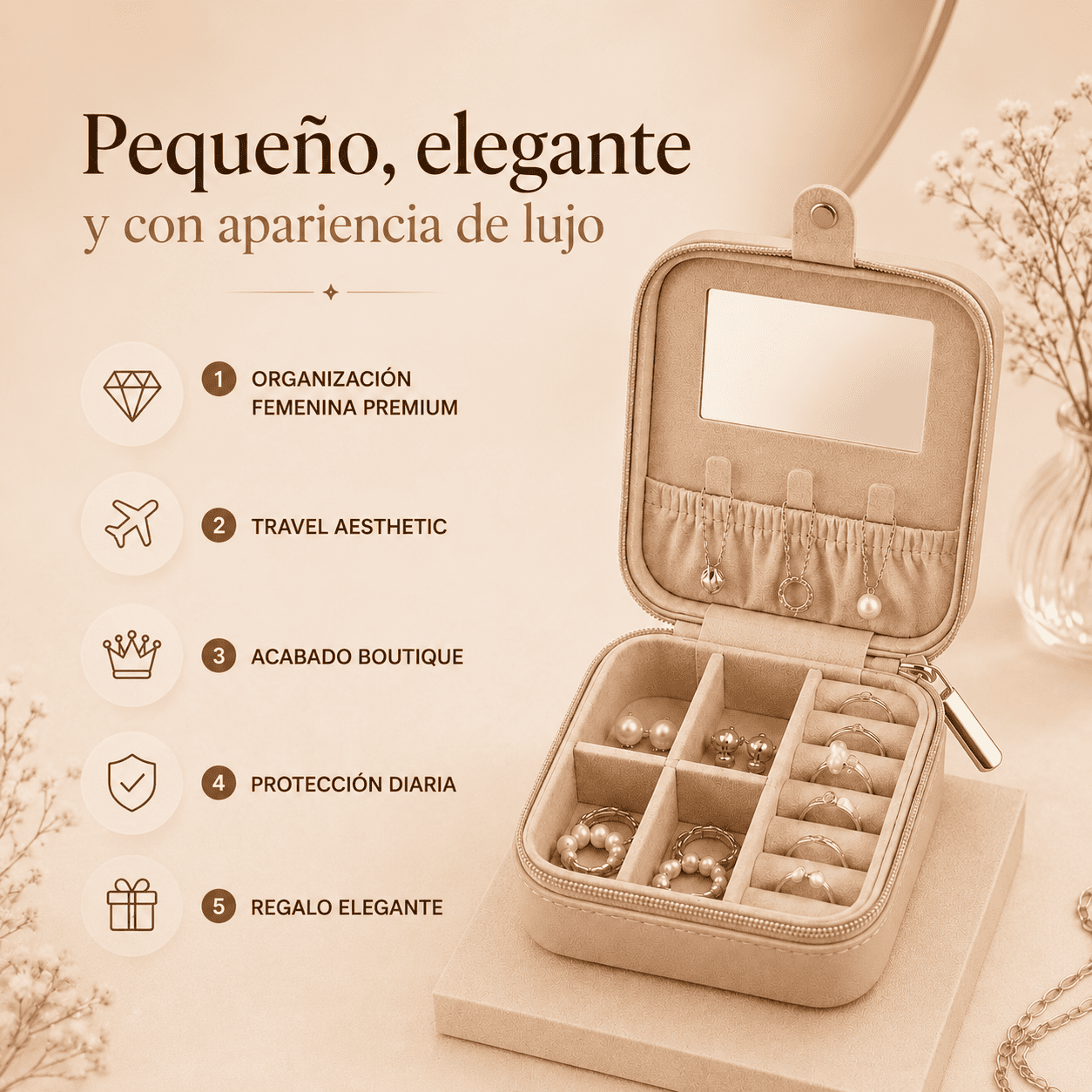 Joyero Premium de Viaje para Mujer con Espejo + 3 Collares Mariposa de Regalo