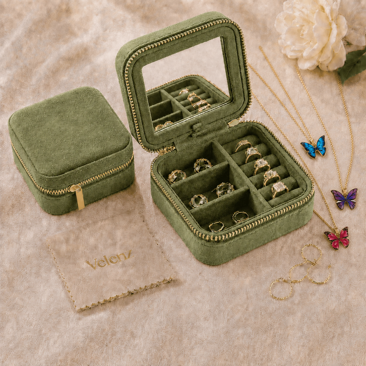 Joyero Premium de Viaje para Mujer con Espejo + 3 Collares con Baño de Oro de Regalo