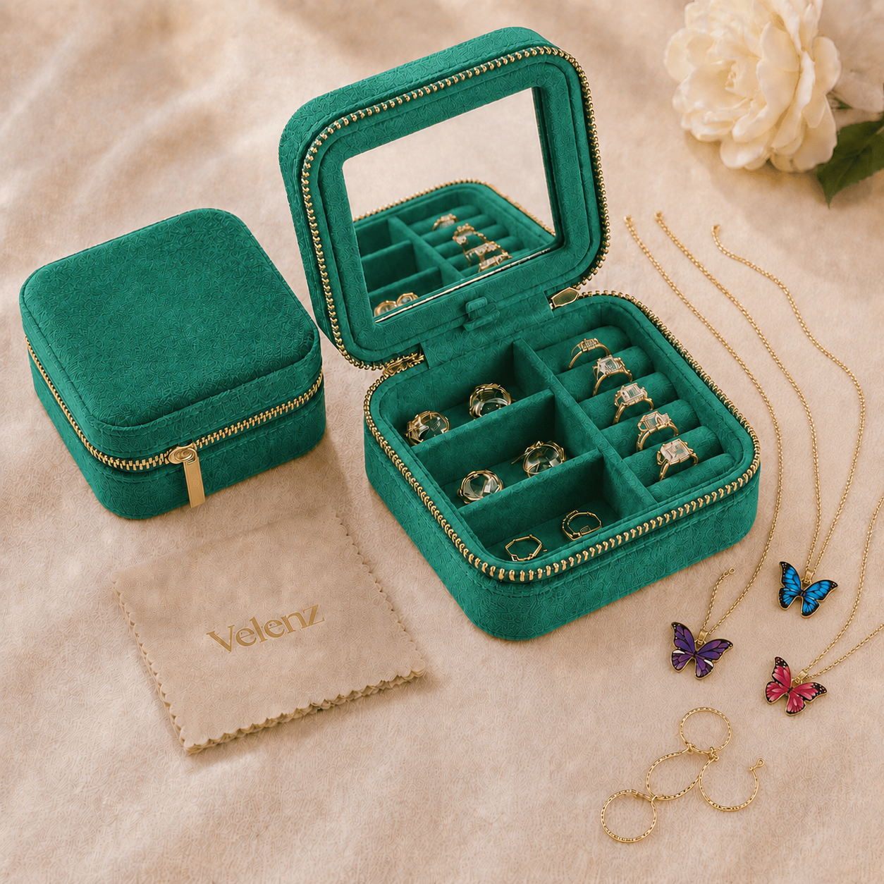 Joyero Premium de Viaje para Mujer con Espejo + 3 Collares con Baño de Oro de Regalo