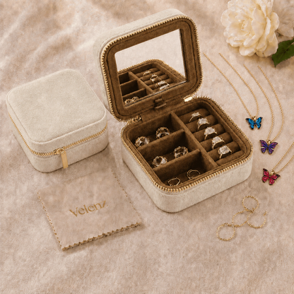 Joyero Premium de Viaje para Mujer con Espejo + 3 Collares con Baño de Oro de Regalo