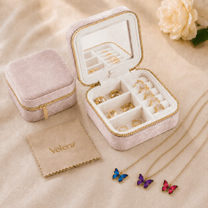 Joyero Premium de Viaje para Mujer con Espejo + 3 Collares con Baño de Oro de Regalo