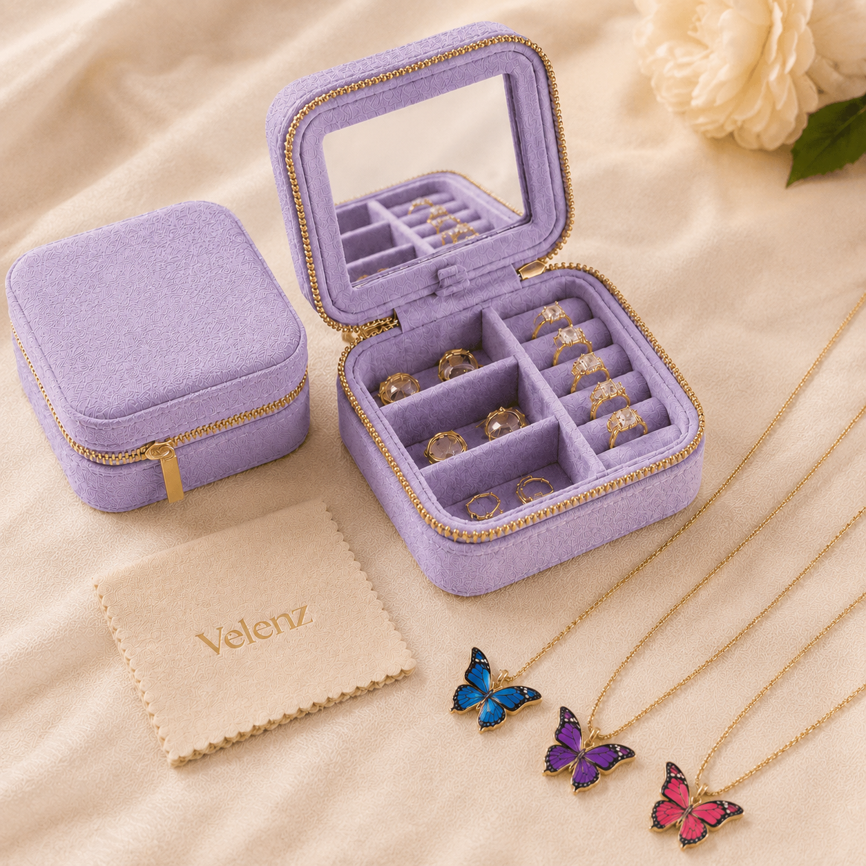 Joyero Premium de Viaje para Mujer con Espejo + 3 Collares con Baño de Oro de Regalo