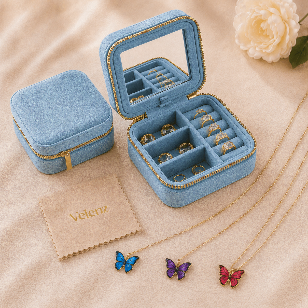 Joyero Premium de Viaje para Mujer con Espejo + 3 Collares con Baño de Oro de Regalo
