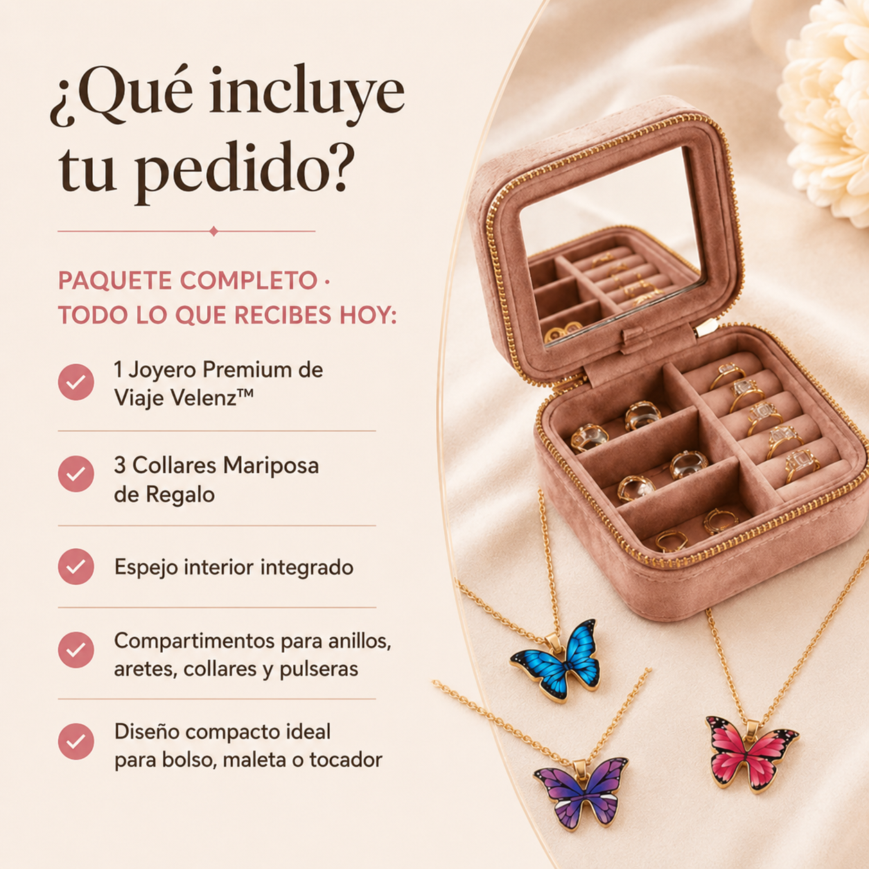 Joyero Premium de Viaje para Mujer con Espejo + 3 Collares Mariposa de Regalo