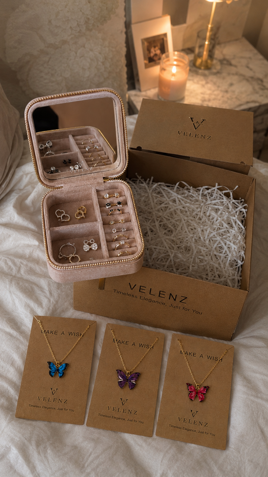 Joyero Premium de Viaje para Mujer con Espejo + 3 Collares Mariposa de Regalo