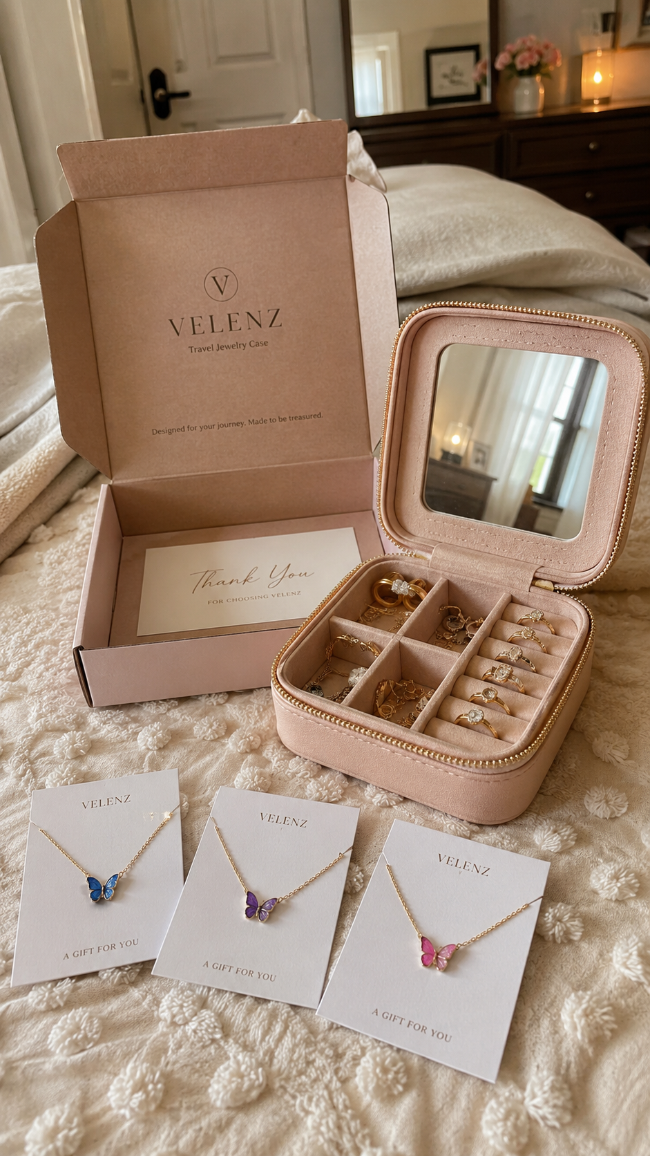 Joyero Premium de Viaje para Mujer con Espejo + 3 Collares Mariposa de Regalo