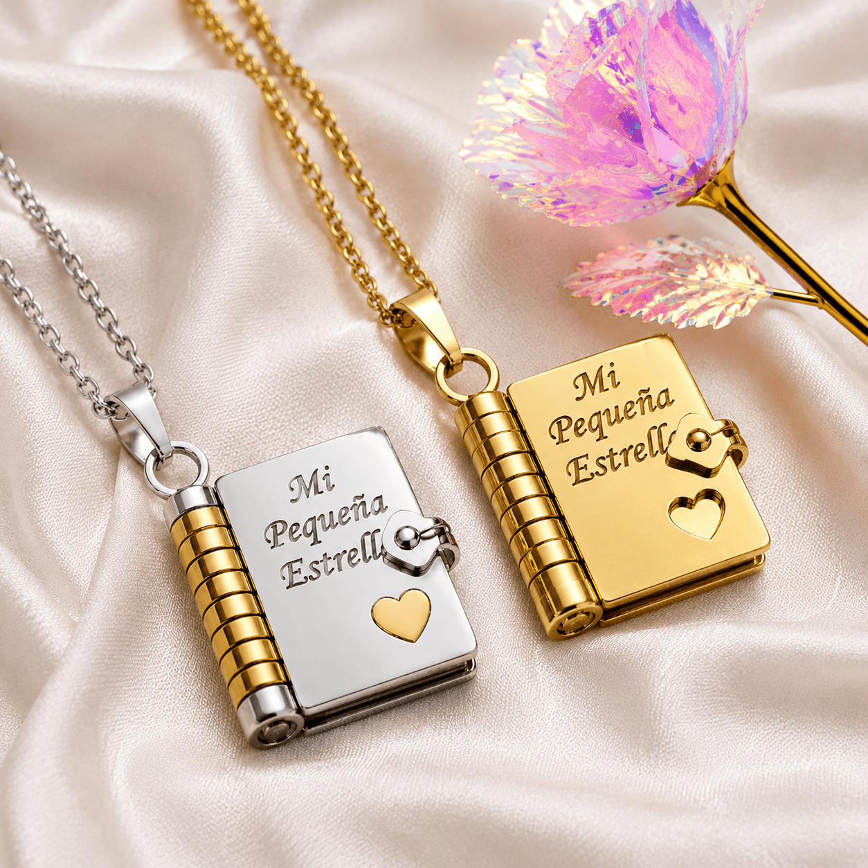 Collar Libro con Mensajes para Hija o Hijo | Mi Pequeña Estrella y Mi Campeón + Rosa Encantada de Regalo