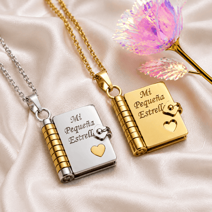 Collar Libro con Mensajes para Hija o Hijo | Mi Pequeña Estrella y Mi Campeón + Rosa Encantada de Regalo