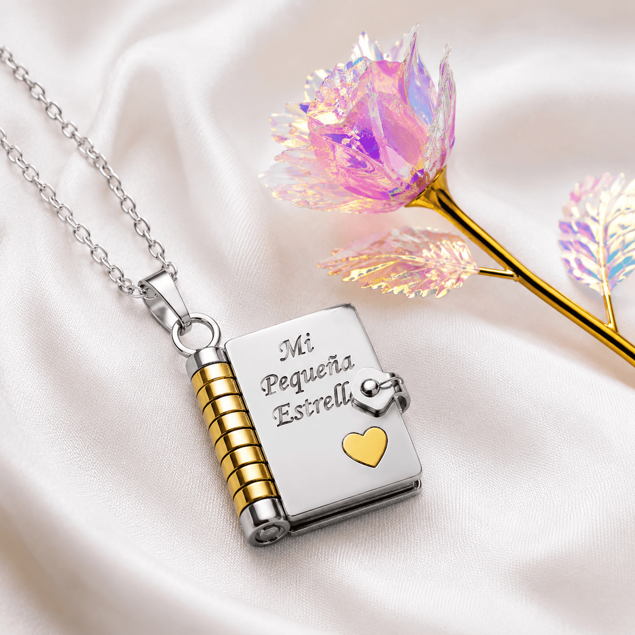 Collar Libro con Mensajes para Hija o Hijo | Mi Pequeña Estrella y Mi Campeón + Rosa Encantada de Regalo