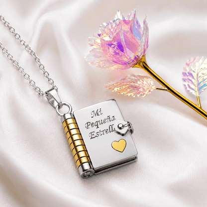 Collar Libro con Mensajes para Hija o Hijo | Mi Pequeña Estrella y Mi Campeón + Rosa Encantada de Regalo