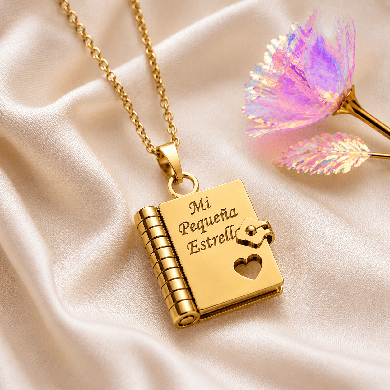 Collar Libro con Mensajes para Hija o Hijo | Mi Pequeña Estrella y Mi Campeón + Rosa Encantada de Regalo