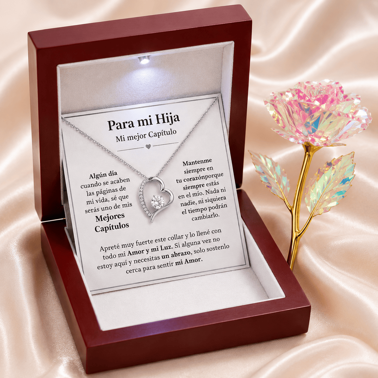 Collar Amor Eterno para Hija con Carta Emotiva, Caja de Regalo y Rosa Encantada Gratis