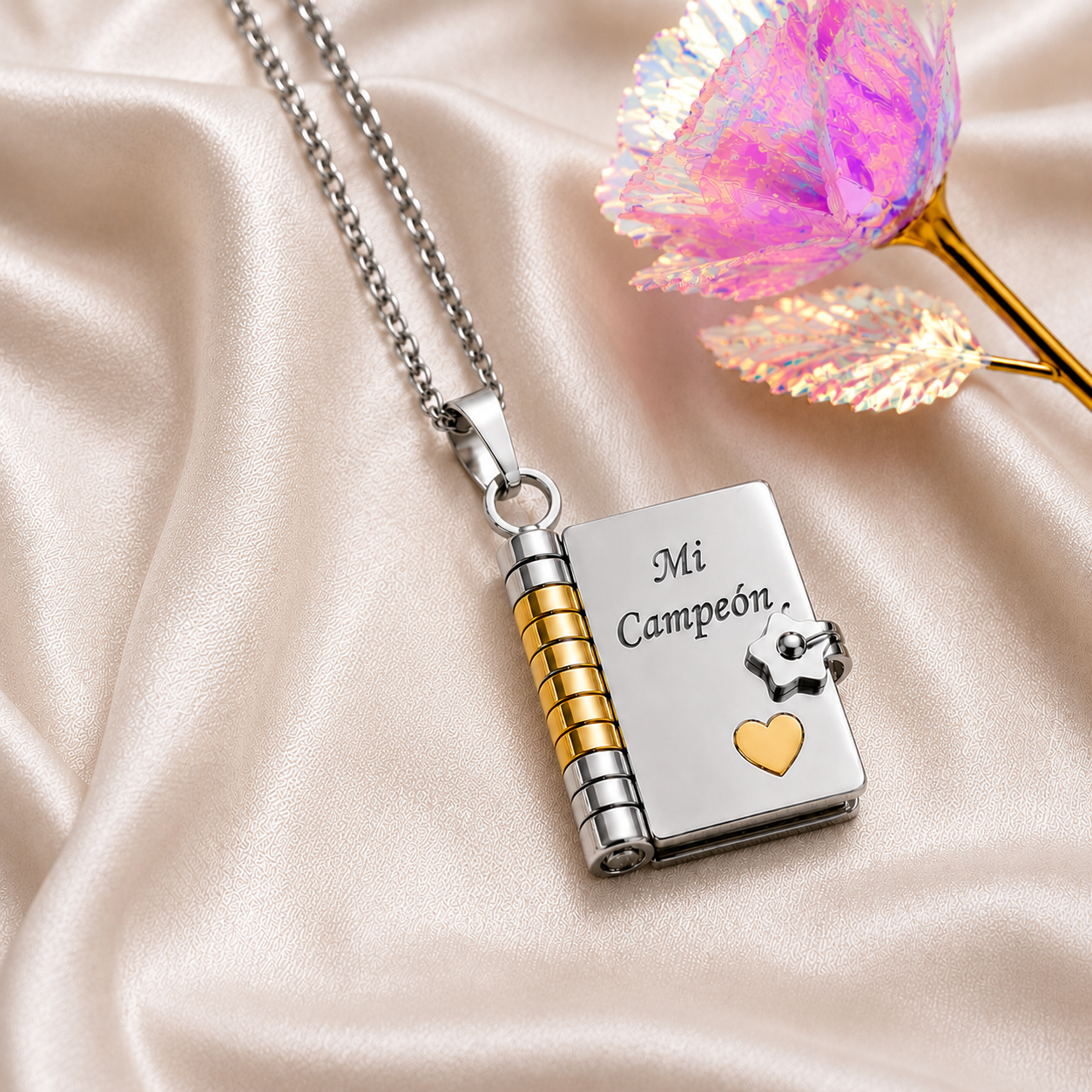Collar Libro con Mensajes para Hija o Hijo | Mi Pequeña Estrella y Mi Campeón + Rosa Encantada de Regalo