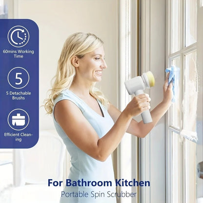 Electric Spin Scrubber with 5 Brush Heads – Handheld Tile & Grout Cleaner for Bath, Floor, Sink, Shower Glass & Kitchen Surfaces