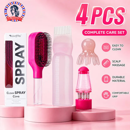 4 in 1 Hair Care Kit Scalp Massage Brush Applicator Bottle Hair Comb Spray Bottle Detangler Brush for Hair Scalp Treatment