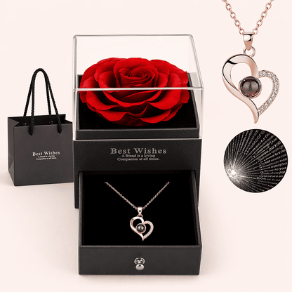 Collar de Corazón Te Amo en 100 Idiomas con Rosa Roja y Caja de Regalo para Mujer