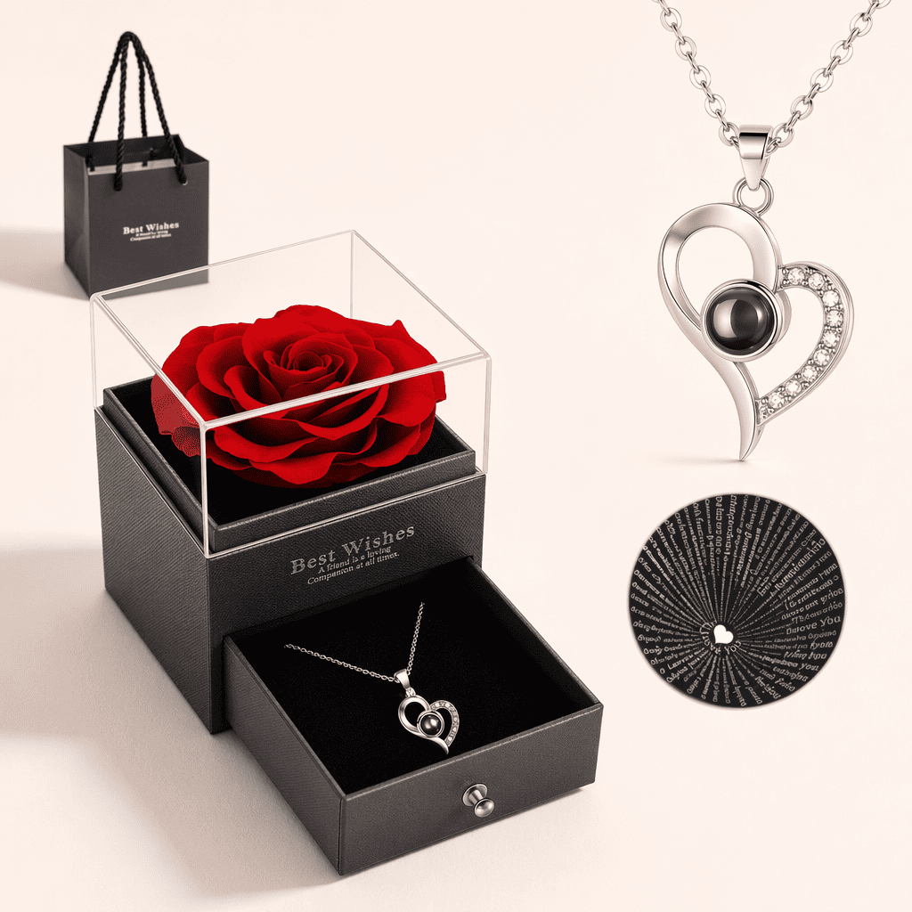 Collar de Corazón Te Amo en 100 Idiomas con Rosa Roja y Caja de Regalo para Mujer