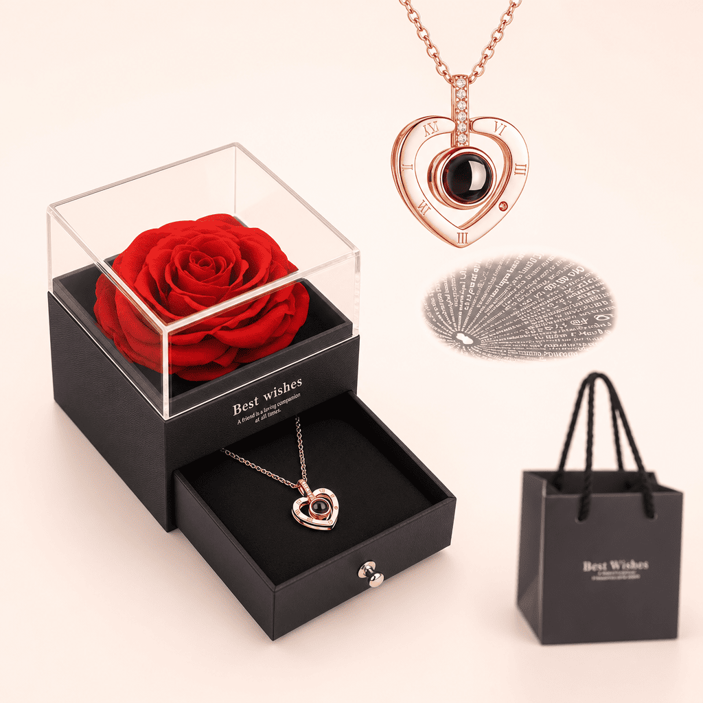 Collar de Corazón Te Amo en 100 Idiomas con Rosa Roja y Caja de Regalo para Mujer