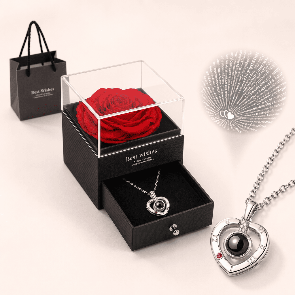 Collar de Corazón Te Amo en 100 Idiomas con Rosa Roja y Caja de Regalo para Mujer