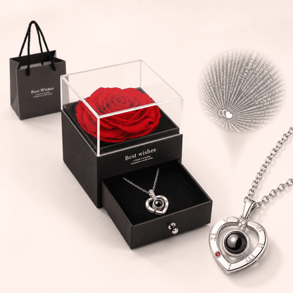 Collar de Corazón Te Amo en 100 Idiomas con Rosa Roja y Caja de Regalo para Mujer